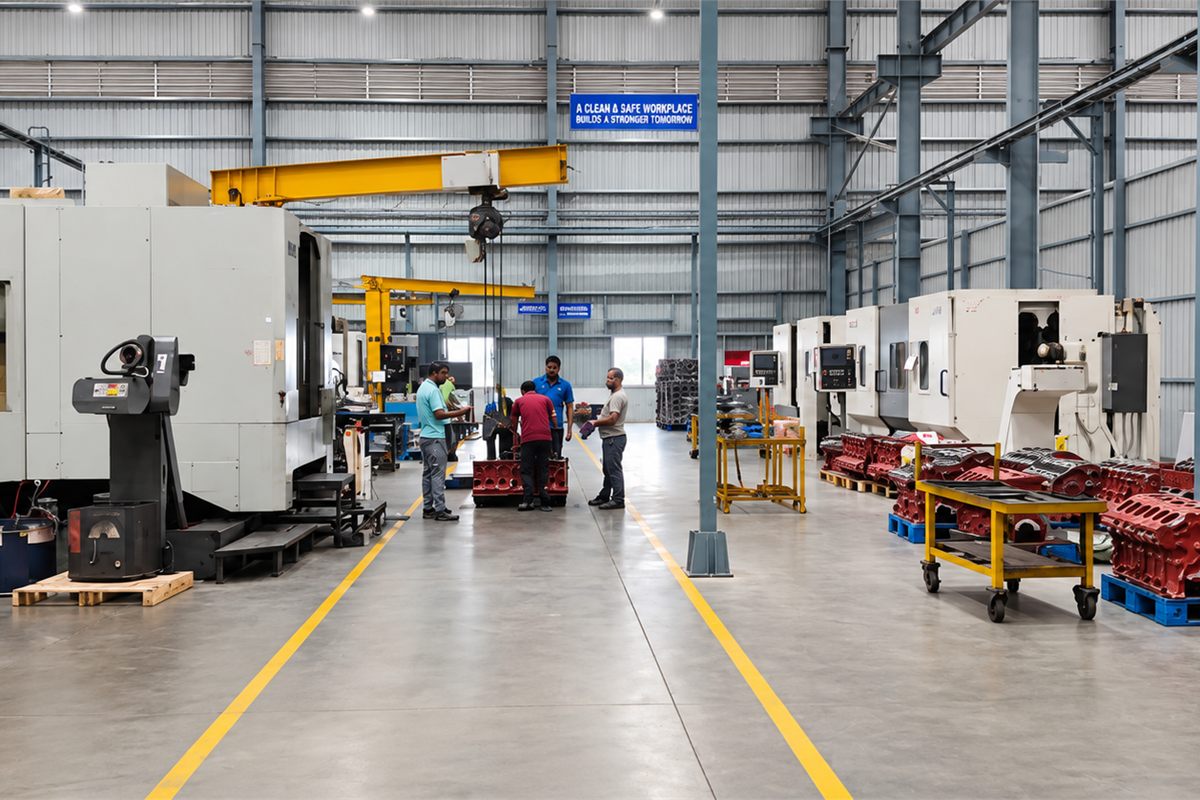 Machining bays running at the Talegaon plant with work staged between them