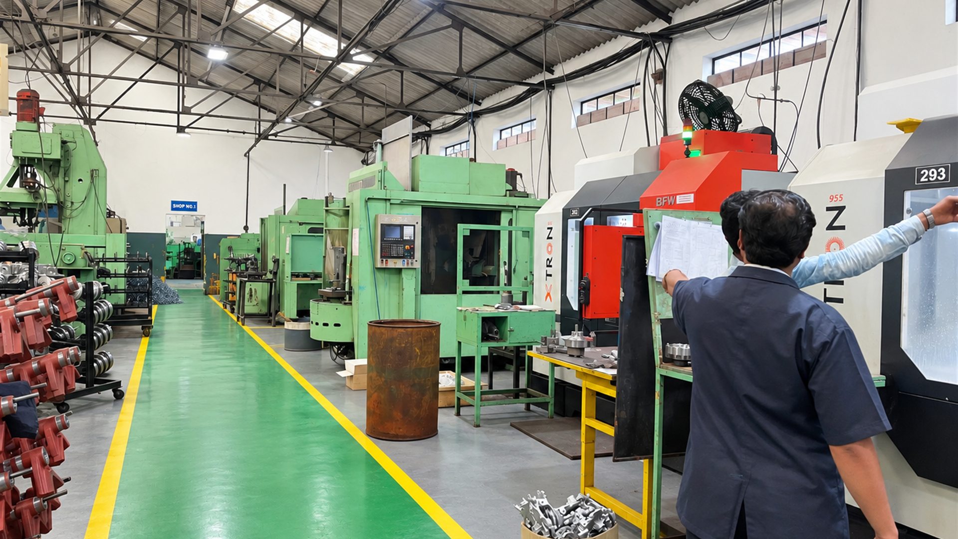 Machining shop floor at the Rivoltech Pirangut plant, with an operator at a CNC turning centre