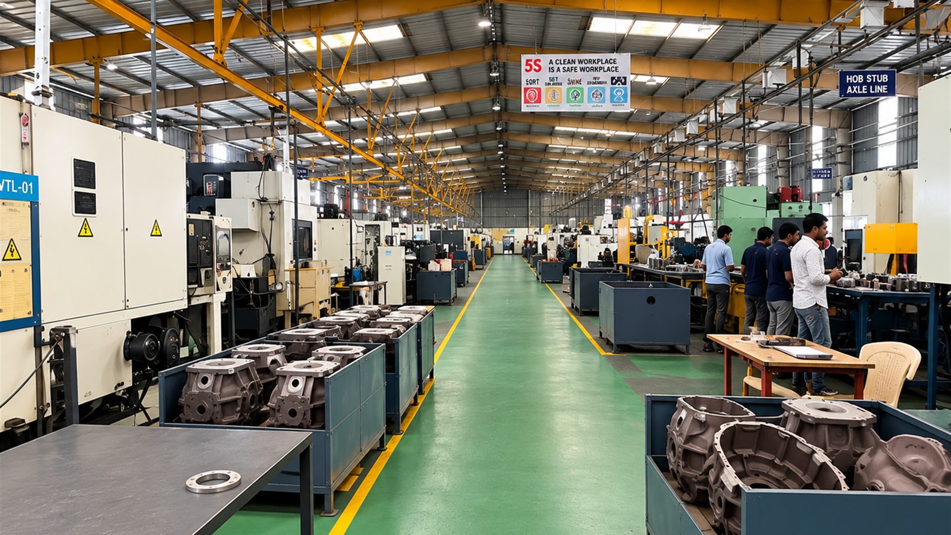 The hob and stub axle line at Rivoltech Pithampur, with machined castings staged for assembly